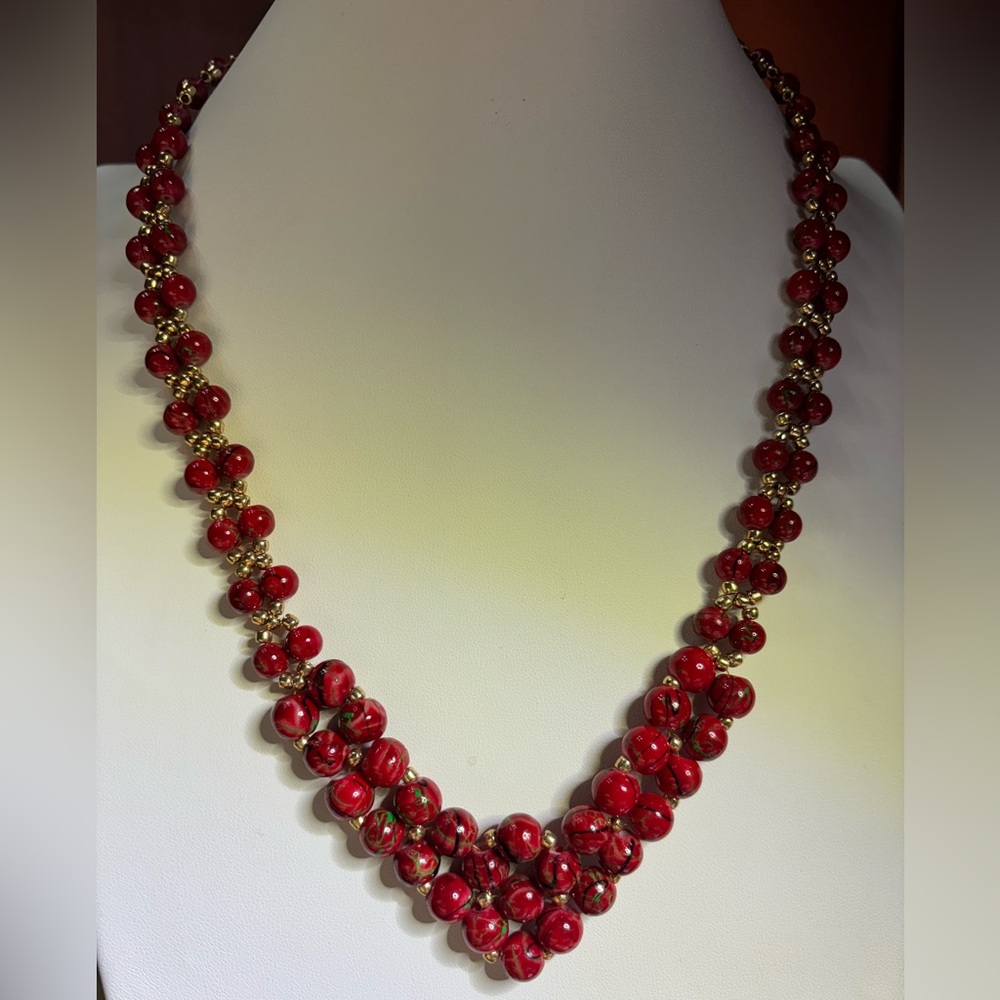 Handmade Red Green Gold Beaded Necklace with holiday design 20.5 inches